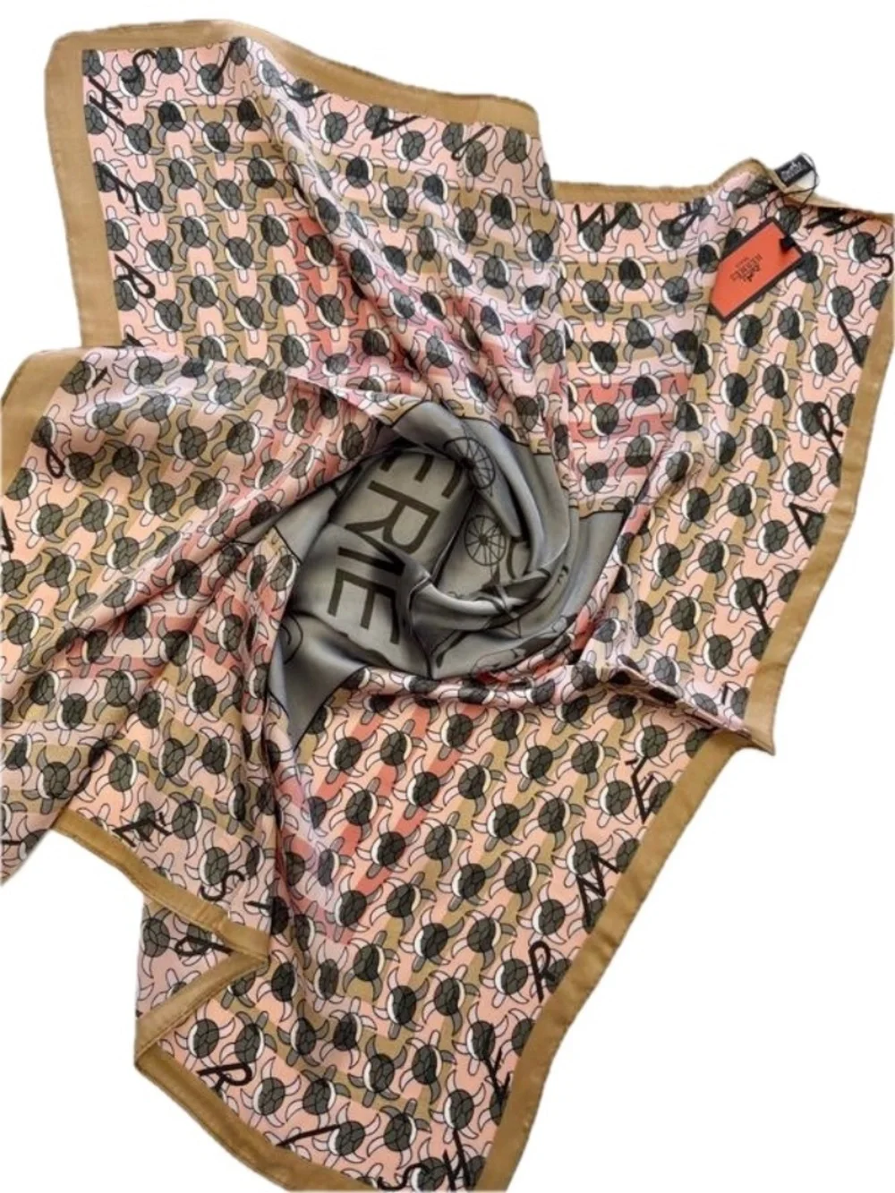 Square Silk Scarf Turtle Silver Pink Gold Signed Paris Luxury Designer Inspired